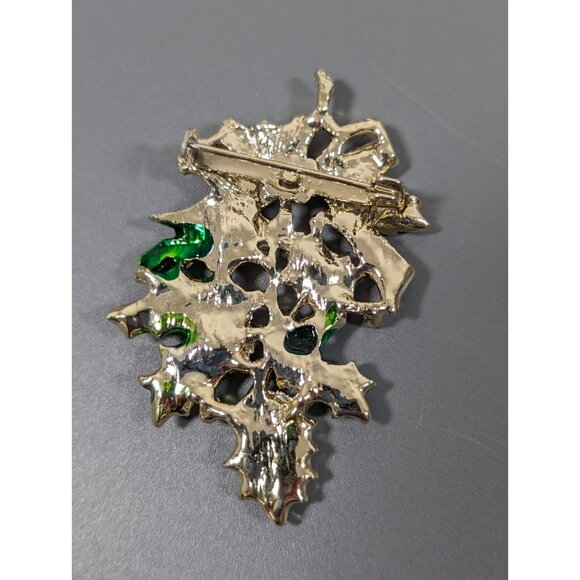 Vintage Christmas Mistletoe Green Leaf Bow Pin Brooch Gold Tone - Picture 5 of 7